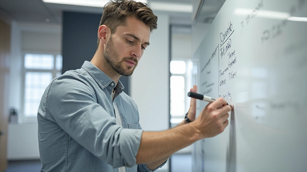 Persoon die een plan schrijft op whiteboard met tools en integraties