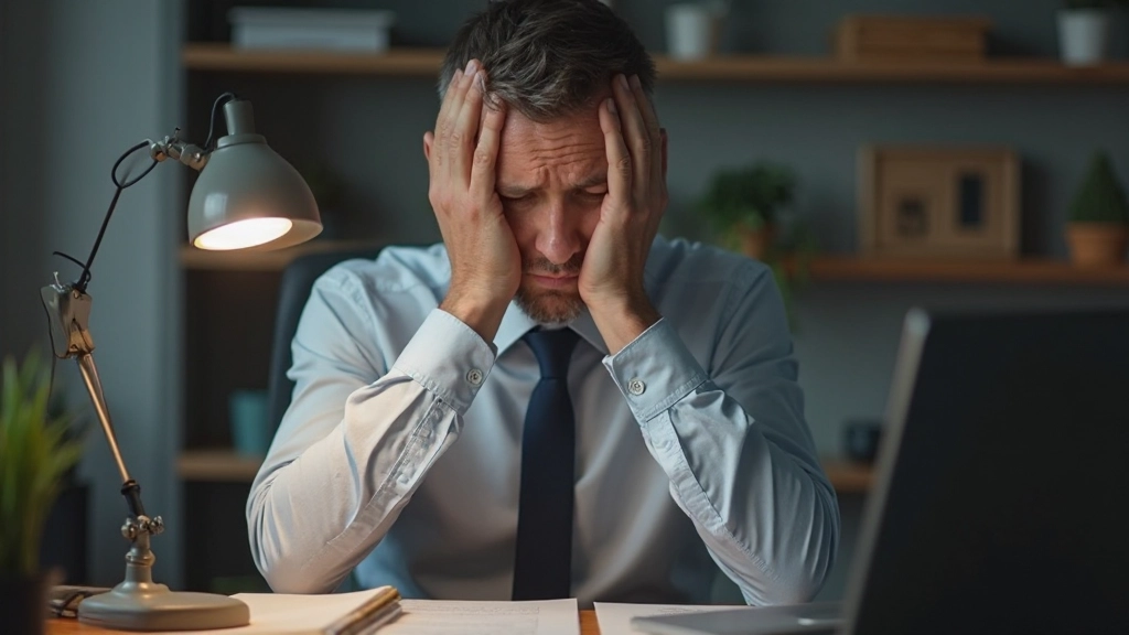 Close-up van een vermoeide professional die aan zijn bureau zit met handen op zijn gezicht, zwak verlicht kantoor met laptopscherm