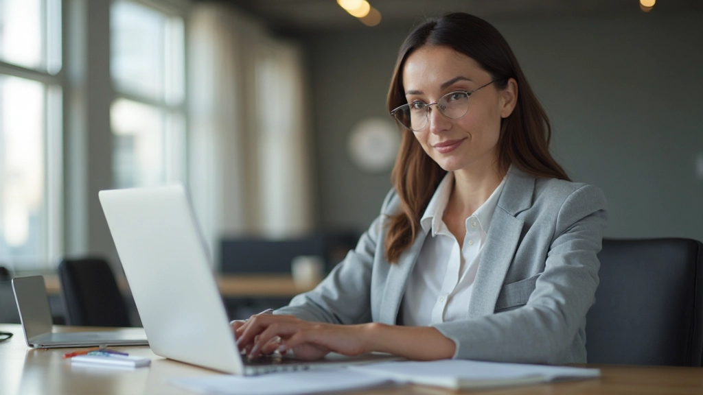 Professionele afbeelding van een vrouw die energiek en gefocust werkt aan haar bureau in een modern kantoor met natuurlijk licht